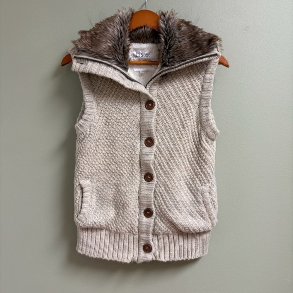 Ci Sono by Cavalini Womens Y2K Knit Sweater Vest Faux Fur Size L Fleece Cream
